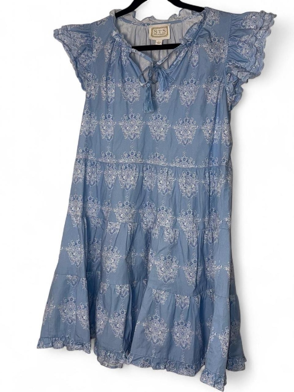 Sail to Sable Blue and White Print Cotton Flutter Sleeve mini dress - Picture 2 of 6